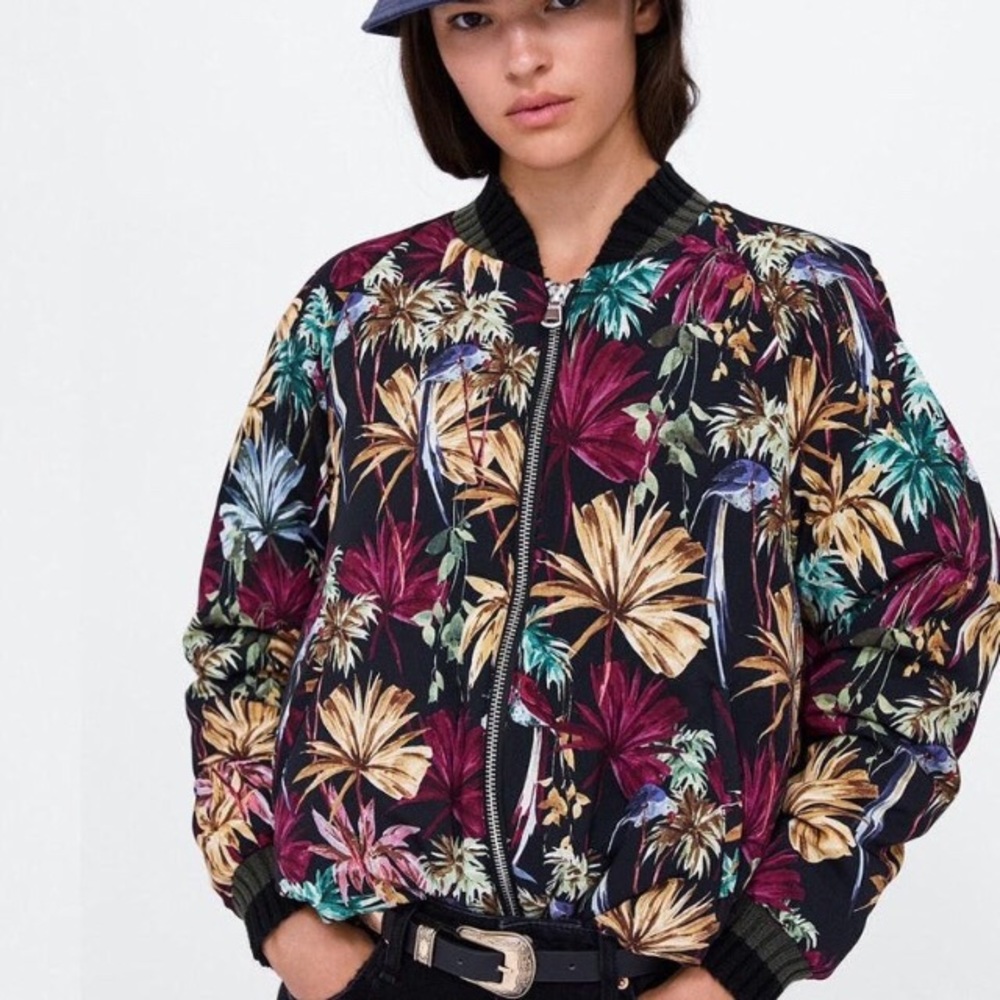 Zara Basic floral tropical bomber jacket